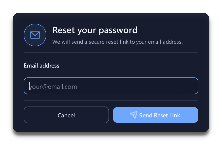 Password reset: enter your account email and select Send Reset Link.
