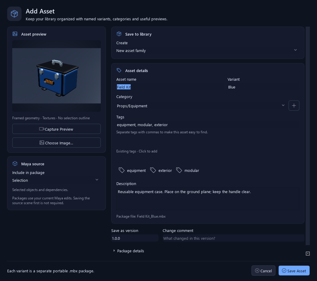 Add Asset, rendered from the shipped MBX interface with demonstration data.