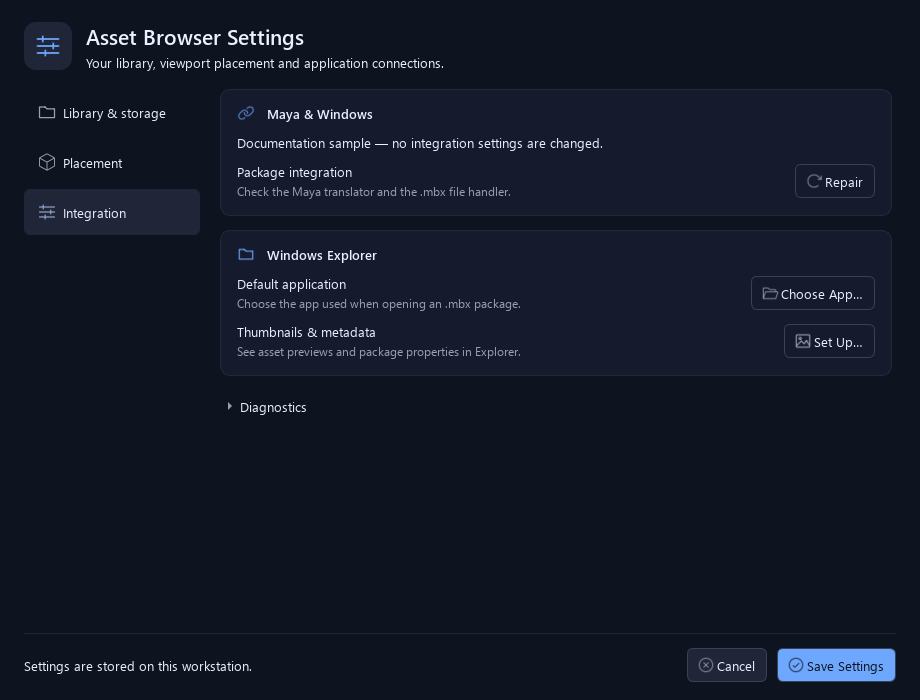 Integration settings: Maya package support, Windows file handling and diagnostics.