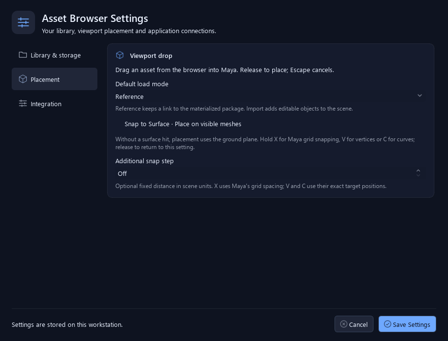 Viewport placement defaults and the optional additional snap step.