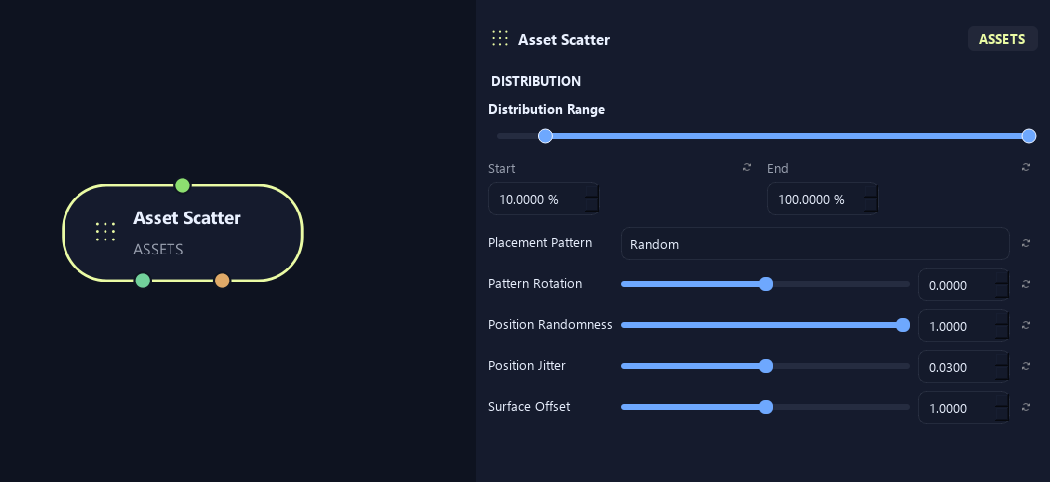 Asset Scatter node with its distribution (1) settings in ZenGrove