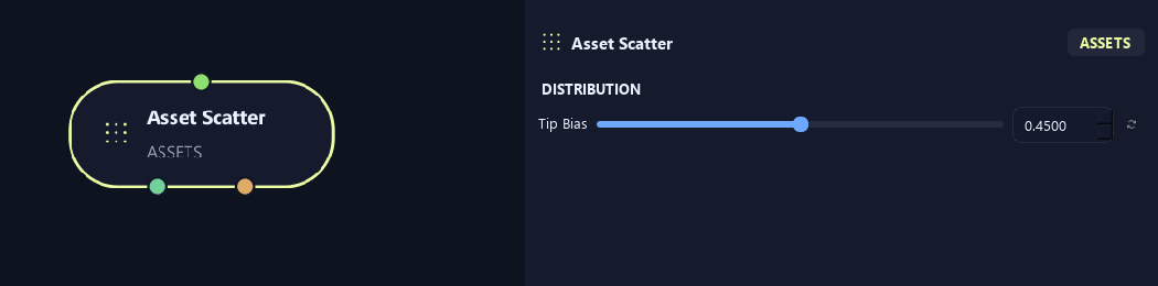 Asset Scatter node with its distribution (2) settings in ZenGrove