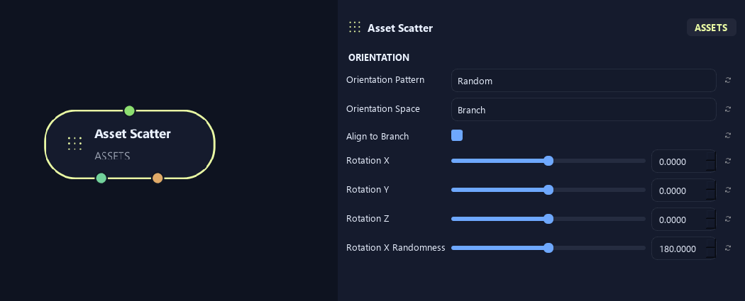 Asset Scatter node with its orientation (1) settings in ZenGrove