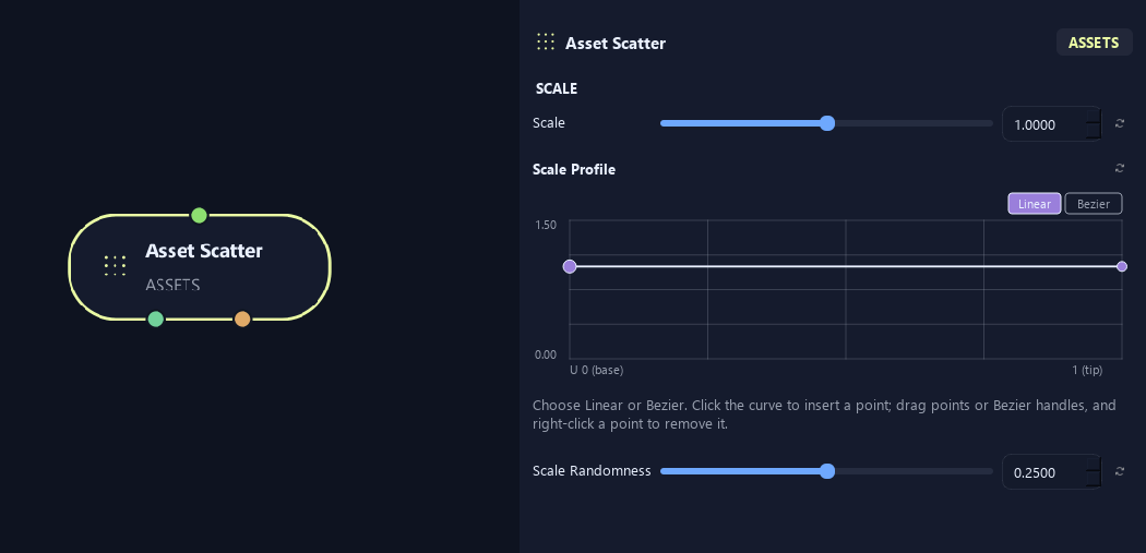 Asset Scatter node with its scale settings in ZenGrove