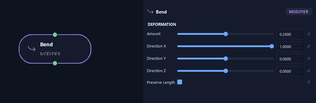Bend node with its deformation settings in ZenGrove