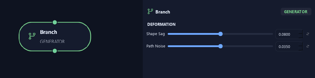 Branch node with its deformation settings in ZenGrove