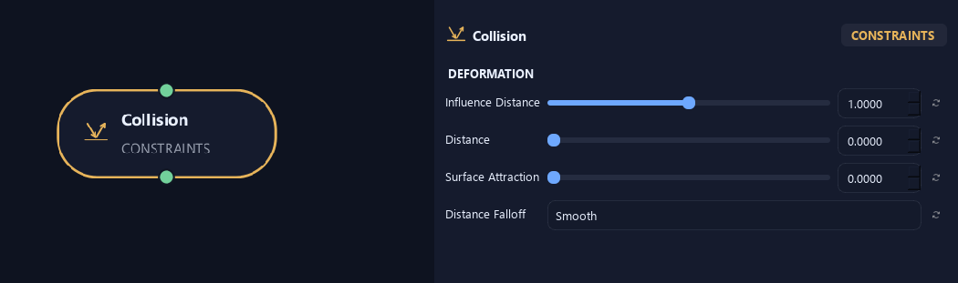 Collision node with its deformation settings in ZenGrove