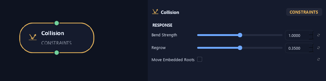Collision node with its response settings in ZenGrove