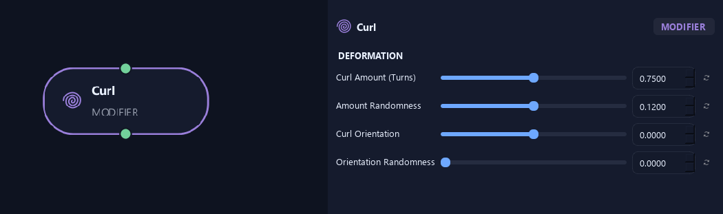 Curl node with its deformation settings in ZenGrove