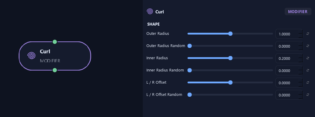 Curl node with its shape settings in ZenGrove