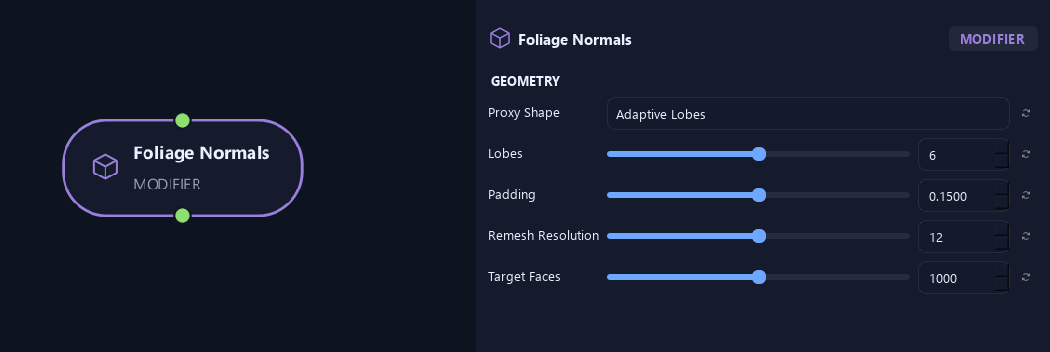 Foliage Normals node with its geometry settings in ZenGrove