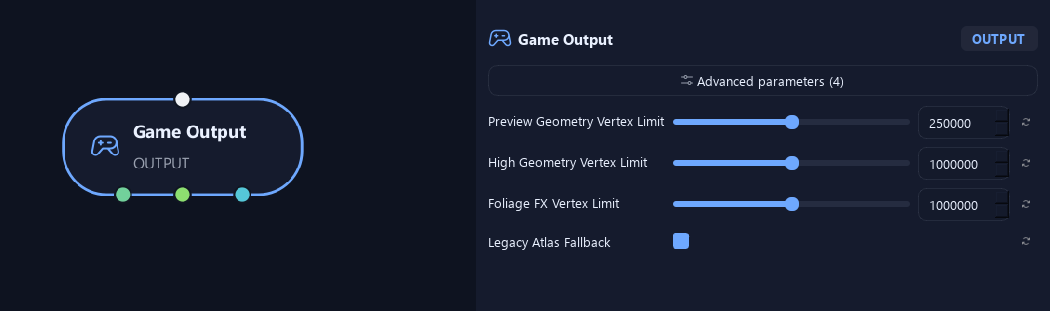 Game Output node with its advanced settings in ZenGrove