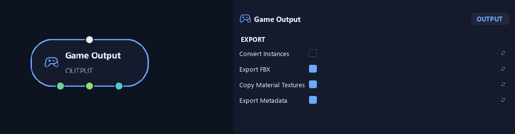 Game Output node with its export settings in ZenGrove