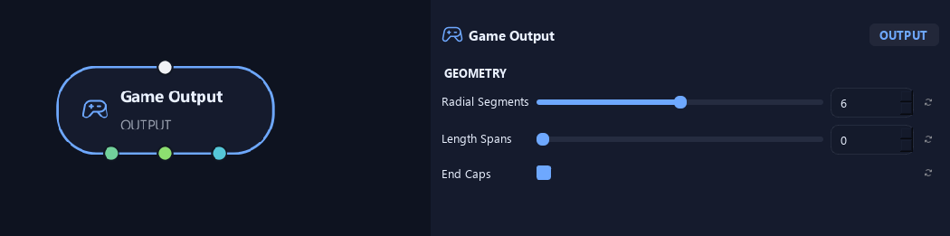 Game Output node with its geometry settings in ZenGrove