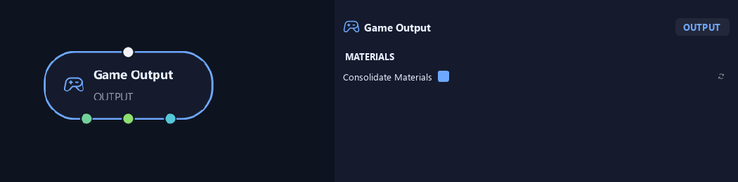 Game Output node with its materials settings in ZenGrove