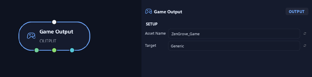 Game Output node with its setup settings in ZenGrove