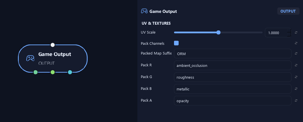 Game Output node with its uv & textures settings in ZenGrove