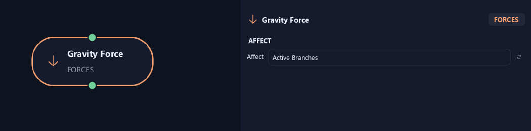 Gravity Force node with its affect settings in ZenGrove