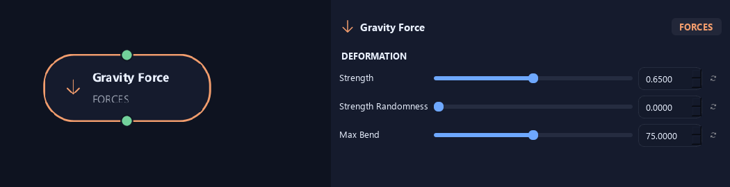 Gravity Force node with its deformation settings in ZenGrove