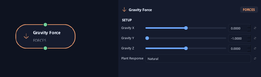 Gravity Force node with its setup settings in ZenGrove