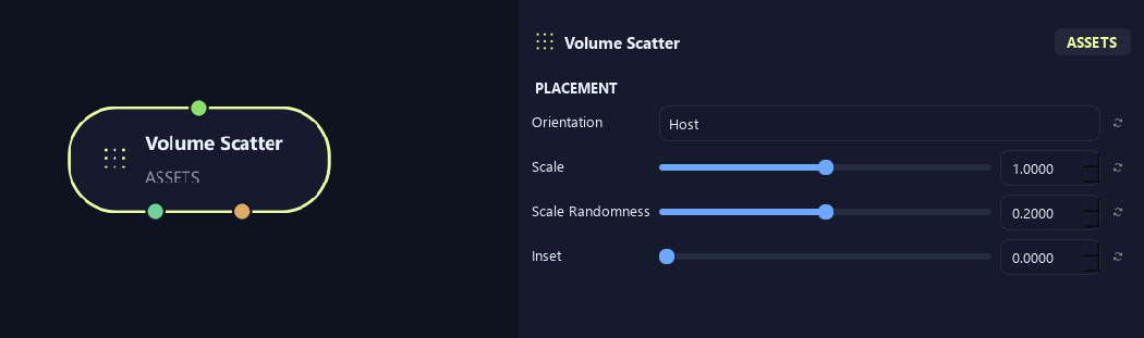 Volume Scatter node with its placement settings in ZenGrove