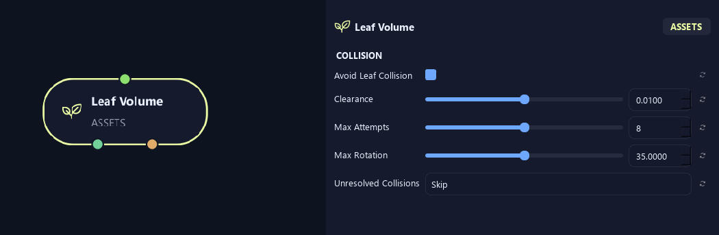 Leaf Volume node with its collision settings in ZenGrove