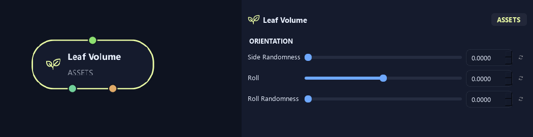 Leaf Volume node with its orientation (2) settings in ZenGrove