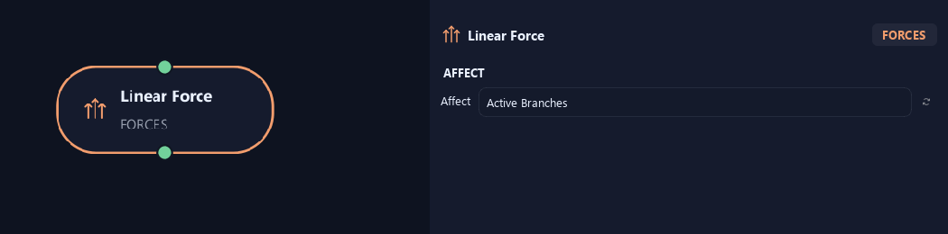 Linear Force node with its affect settings in ZenGrove