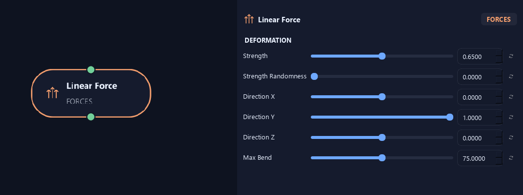 Linear Force node with its deformation settings in ZenGrove