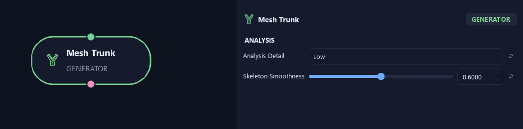 Mesh Trunk node with its analysis settings in ZenGrove