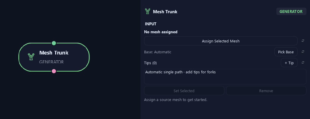 Mesh Trunk node with its input settings in ZenGrove