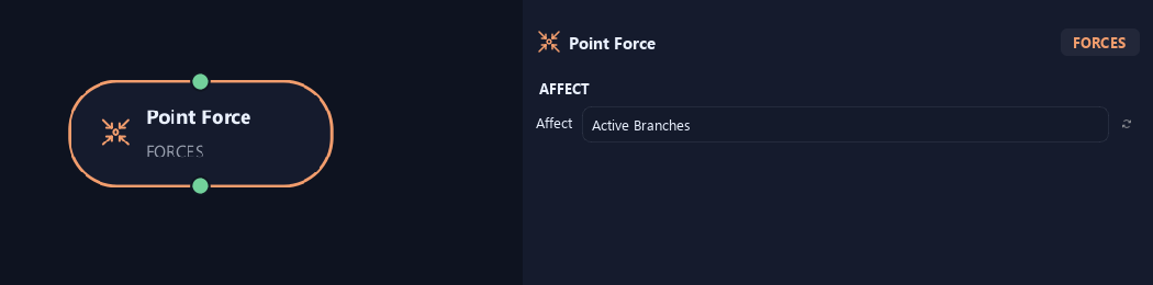 Point Force node with its affect settings in ZenGrove