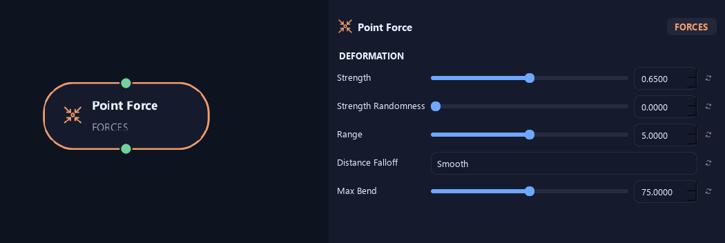 Point Force node with its deformation settings in ZenGrove