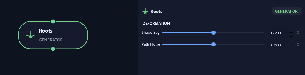 Roots node with its deformation settings in ZenGrove