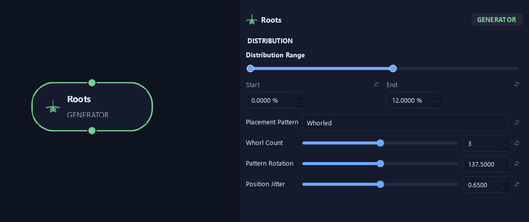 Roots node with its distribution settings in ZenGrove