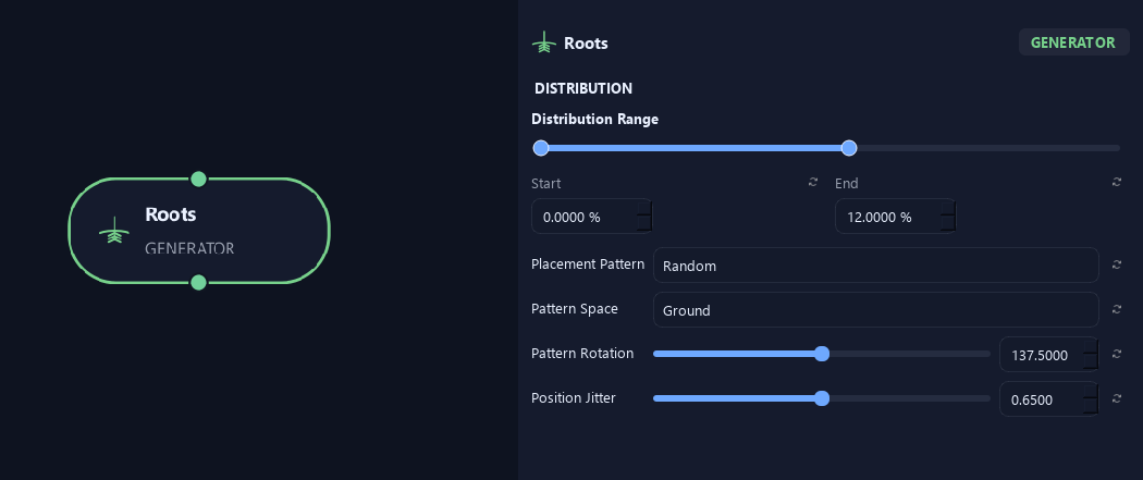 Roots node with its distribution settings in ZenGrove