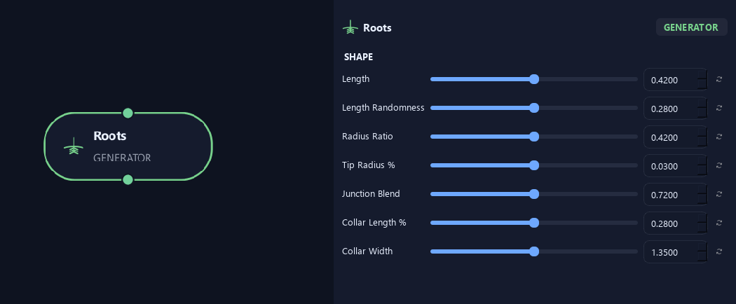 Roots node with its shape (1) settings in ZenGrove