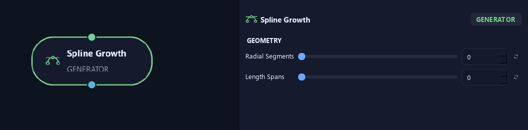 Spline Growth node with its geometry settings in ZenGrove