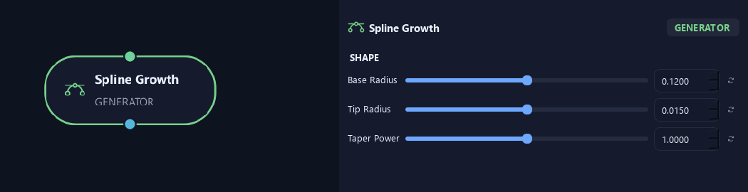 Spline Growth node with its shape settings in ZenGrove