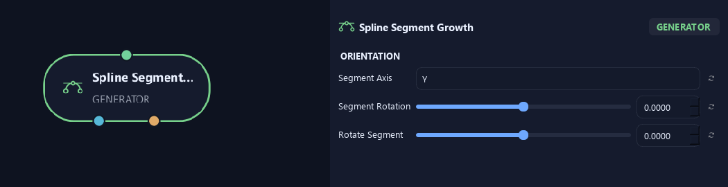 Spline Segment Growth node with its orientation settings in ZenGrove