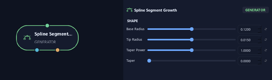 Spline Segment Growth node with its shape settings in ZenGrove