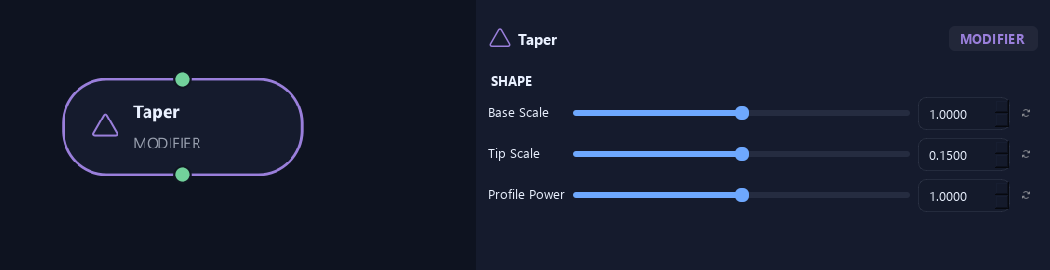 Taper node with its shape settings in ZenGrove