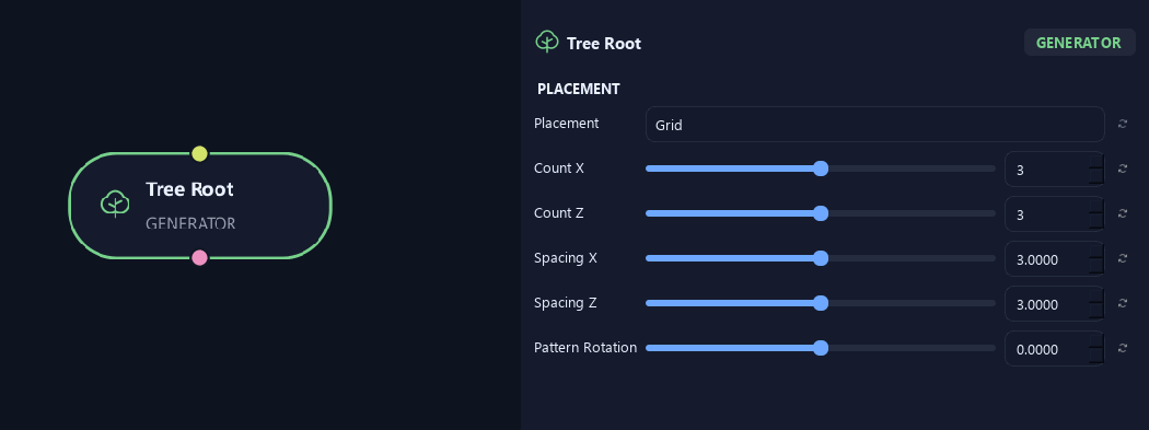 Tree Root node with its placement settings in ZenGrove