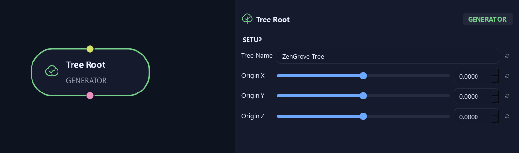 Tree Root node with its setup settings in ZenGrove
