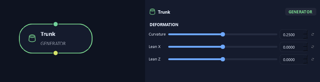 Trunk node with its deformation settings in ZenGrove