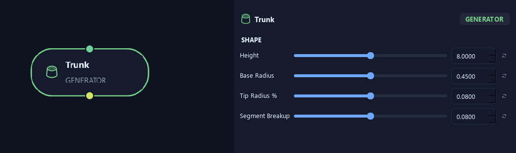 Trunk node with its shape settings in ZenGrove