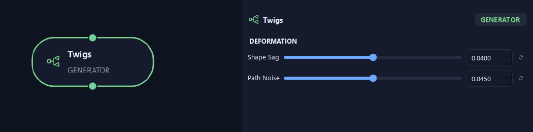 Twigs node with its deformation settings in ZenGrove