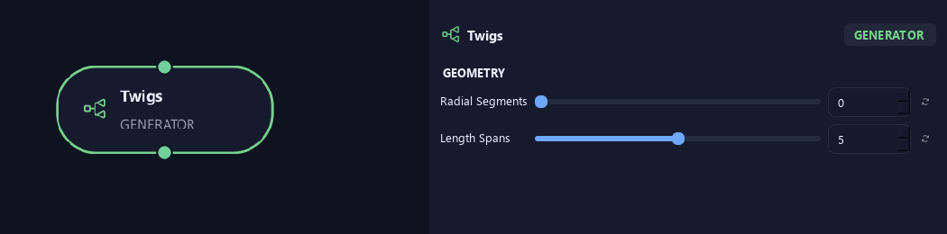 Twigs node with its geometry settings in ZenGrove