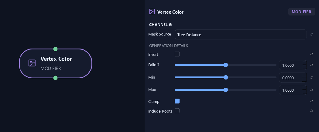 Vertex Color node with its channel g settings in ZenGrove