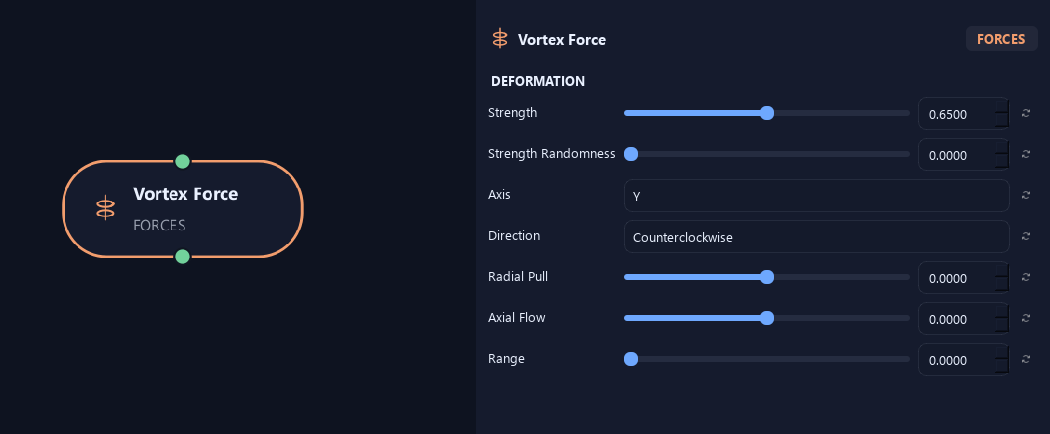 Vortex Force node with its deformation (1) settings in ZenGrove